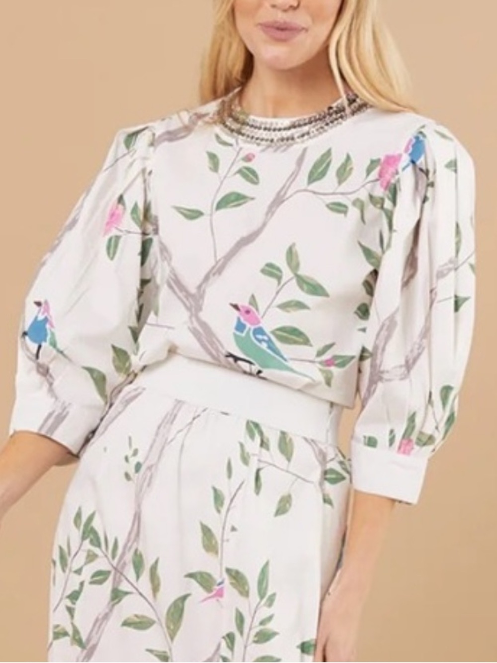 Sheridan French bird print puff sleeve blouse small